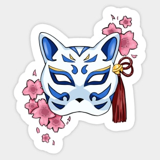 Cherry Blossom Fox Blue Mask - A Playful and Elegant Design Sticker